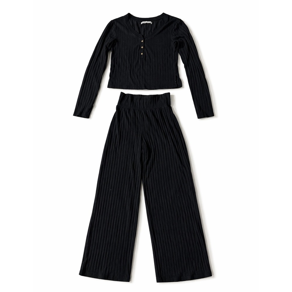 Abercrombie & Fitch 2 Piece Ribbed Lounge Set Black Henley Crop Top Wide Leg XS